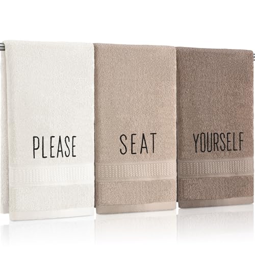3 Pcs Farmhouse Decorative Hand Towels for Bathroom and Kitchen Rustic Embroidered Cotton Hand Towels Decorative Set for Boho Bathroom Decor(Brown,Please Seat Yourself) - color: Brown, style: Please Seat Yourself