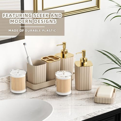 XLHOMO Bathroom Accessories Set - 25PC Bathroom Sets with Shower Curtain and Rugs, Beige Bathroom Accessories with Trash Can, Soap Dispenser, Soap Dish & Toilet Brush - size: Bath Set+Shower Curtain+Rugs, style: Beige&Gold