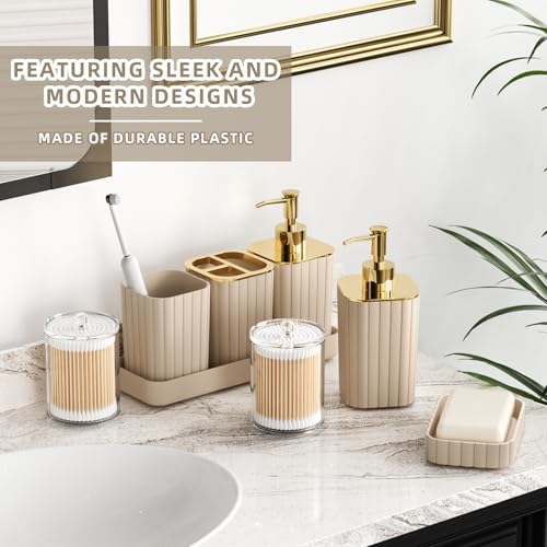 XLHOMO 26PC Bathroom Accessories Set - Gorgeous Beige Bathroom Set, Bathroom Accessory Set, Shower Curtain Set with Bathtub Mats for Shower Tub, Trash Can & Soap Dispenser - size: Bath Set+Bathtub Mat+Shower Curtain&Rugs, style: Beige&Gold