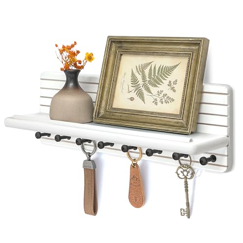 Rebee Vision Key Holder Wall Mount for Entryway & Home Office Decor, White | Pine Wood, Key Hanger with Floating Shelf, Coat Rack, Mail Organizer, Plant & Letter Holder, Home Improvement for Wall Decor - color: White