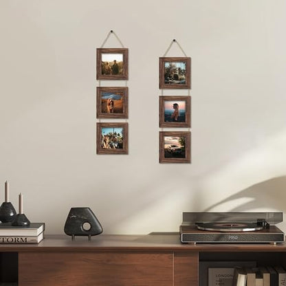 4x4 Collage Picture Frames Set of 2, Rustic Wooden Real Glass Vertical Hanging 3 Opening 4 by 4 Photo Frame, Distressed Brown - color: Distressed Brown, size: Vertical-4x4 in