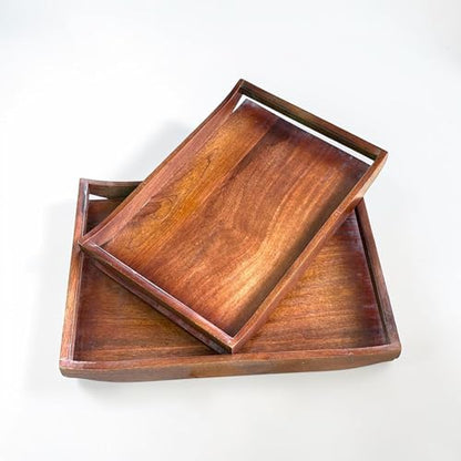 Wooden Serving Tray Set of 2 | Big Size 16x12 & 14x10 Inches | Premium Finish Wood Serving Platters with Handles | Breakfast, Coffee, Food Serving Tray for Home, Kitchen, Restaurant & Décor