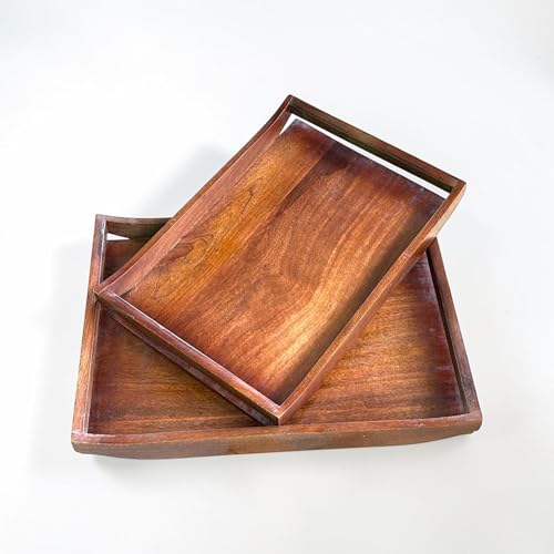 Wooden Serving Tray Set of 2 | Big Size 16x12 & 14x10 Inches | Premium Finish Wood Serving Platters with Handles | Breakfast, Coffee, Food Serving Tray for Home, Kitchen, Restaurant & Décor