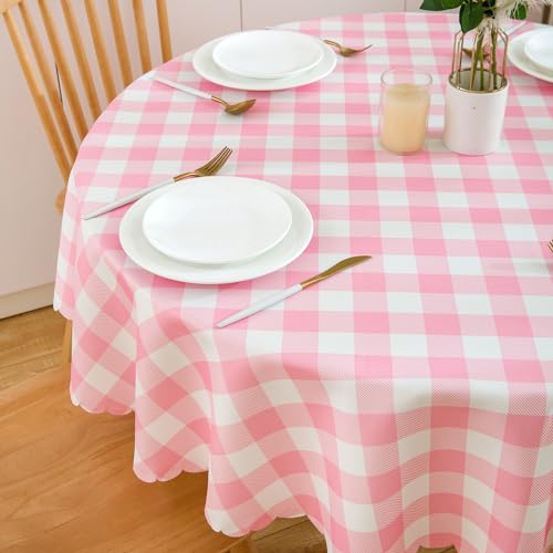 MANGATA CASA Pink Gingham Round Tablecloth-Checkered Table Cloth Waterproof Kitchen & Table Linens-Polyester Buffalo Plaid Wrinkle Free Table Cover(Baby Pink 60R inch) - color: Baby Pink, size: 60" (Round)
