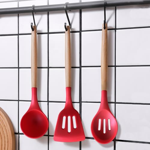 Kitchen Cooking Utensils Set 6Pcs Heat Resistant Silicone Kitchen Utensils Spatula Spoon Turner Ladle w Wooden Handle, BPA FREE Silicone Cooking Tool Gadget Set for Nonstick Cookware & Baking - color: Red, size: Standard 6-Piece Set