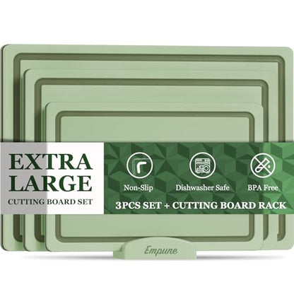 Empune 3-Piece Plastic Cutting Boards for Kitchen - Thick & Non-Slip Chopping Board Set with Juice Grooves, Dishwasher Safe, BPA Free, Includes Large & Small Sizes, Green - color: Green