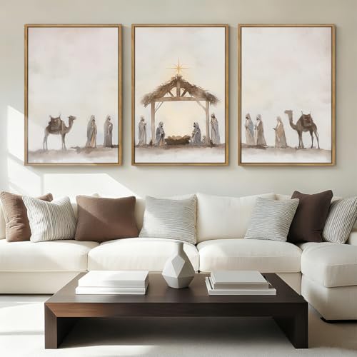 Anyzal Large Jesus Framed Wall Art 16x24 Inch Easter Catholic Nativity Scene Canvas Wall Decor Christian Religious Painting for Living Room Bedroom Dining Room Set of 3 - color: Watercolor Nativity, size: 24"L x 16"W