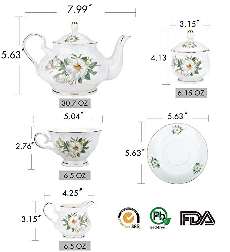 CHENP.HMC Porcelain Tea Cup Set 22-Piece Ceramic Coffee Tea Sets (Camellia) | Cups Saucer Service for 6 Teapot Sugar Bowl Creamer Pitcher and Teaspoons Tea Pot Sets - color: White Green
