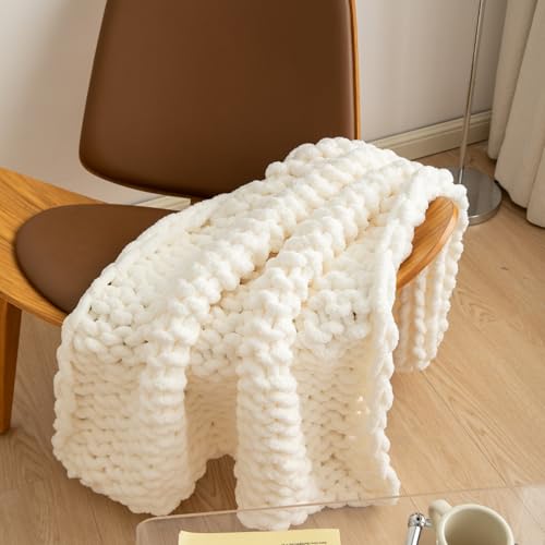 Chunky Knit Blanket Throw for Couch 40"×40" Cream | 100% Handmade Knitted Throw Blanket Fluffy Soft Blanket with Jumbo Chenille Yarn Thick - color: Cream, size: 40"*40"