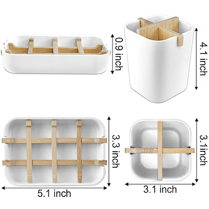 Toothbrush Holders and Soap Holder Set, Bathroom Accessories Countertop | 4 Slots Brush Holder, Plastic Soap Dish Tray, Bathroom Countertop Storage - color: White