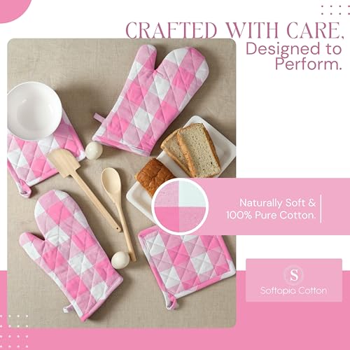 Buffalo Plaid Check Oven Mitts and Pot Holders Set, 100% Cotton, Heat Resistant, 2 Oven Gloves (7x13 Inches) and 2 Hot Pads (8x8 Inches) for Cooking and Baking, Rose Pink White - color: Rose Pink, Buffalo Plaid