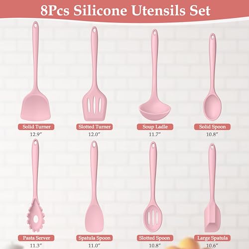 LIANYU Pink Silicone Cooking Utensils Set of 8, Non-Toxic Kitchen Utensils | Include Spatulas Spoons, Heat Resistant Non-Scratch Kitchen Tool, Healthy & Dishwasher Safe - color: Pink