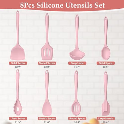 LIANYU Pink Silicone Cooking Utensils Set of 8, Non-Toxic Kitchen Utensils | Include Spatulas Spoons, Heat Resistant Non-Scratch Kitchen Tool, Healthy & Dishwasher Safe - color: Pink