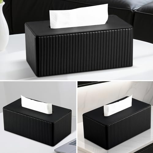 PU Leather Tissue Box Cover Rectangular Tissue Box Holder with Magnetic Bottom, Napkin & Facial Tissue Holder Dispenser for Home, Office for Standard 120-count/160-count (2-Ply) Black Stripe - color: Black Stripe
