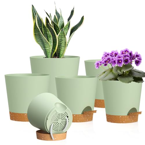 WSMKSZ 7/6.5/6/5.5/5/4 inch Self Watering Pots for Indoor Outdoor Plants, 6 Pack Plastic Flower Planters with Drainage Holes and Removable Saucers, Plant Pots with Wicking Rope, Green Brown - color: Green Brown, size: 7+6.5+6+5.5+5+4inch 6pcs