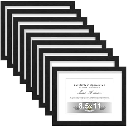 Vittanly 8.5x11 Picture Frames Set of 9 for Wall Mount or Tabletop, Black | Certificate Frame Display Pictures 6x8 with Mat or 8.5x11 without Mat, Diploma Document Degree Frames, Engineered Wood - color: Black, size: 8.5x11