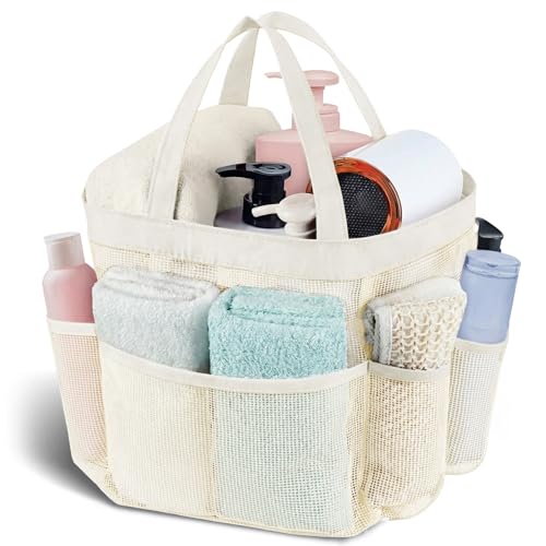 Mesh Shower Caddy Portable - 9 Pockets, Shower Bag for Dorm Room Camping | 2 Handle Quick Dry Shower Bag College Dorm Room Essentials Large Capacity Hanging Basket for Bathroom Travel Swimming Gym - color: beige
