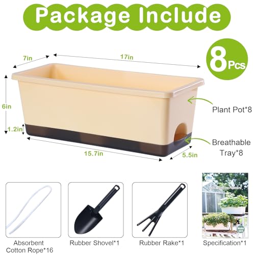 Window Box Planter 8 Pcs, 17 Inches Rectangle Flower Pots with Drainage Holes & Trays, Vegetable Planters for Windowsill Patio Garden Balcony Home Indoor Outdoor (Barley Yellow, 16 * 7 * 6 inch) - color: Barley Yellow