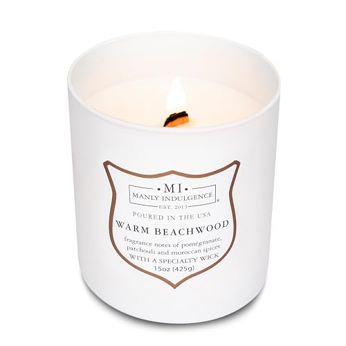 Manly Indulgence Warm Beachwood Scented Candles for Men, 15 oz Wooden Wick, Premium Soy Blend Wax, 60H Burn, Candles for Home Scented - Made in The USA - color: Warm Beachwood