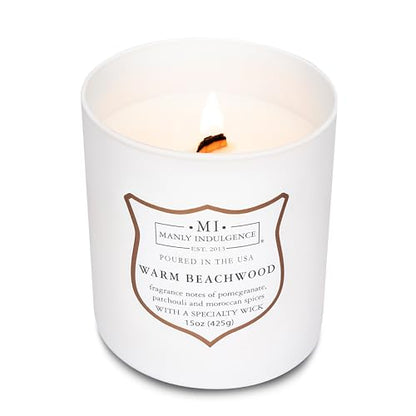 Manly Indulgence Warm Beachwood Scented Candles for Men, 15 oz Wooden Wick, Premium Soy Blend Wax, 60H Burn, Candles for Home Scented - Made in The USA - color: Warm Beachwood