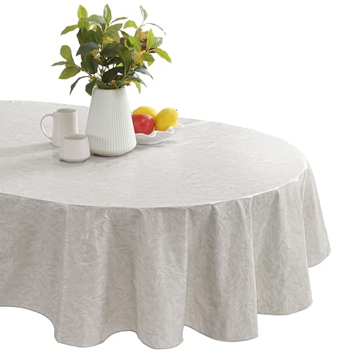 Newbridge Napa Leaf Beige Vinyl Flannel Backed Tablecloth, 60 x 84 Inch Oval, Hotel Quality Waterproof Indoor Outdoor Table Cover for Kitchen, Patio, Dining, BBQ - color: Beige, size: 84" x 60" (Oval)