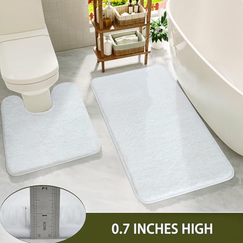 White Bathroom Rug Set 2 Piece Bath Mat 21x34'' &U Shape Toilet Rug 21x21'' | Absorbent,Washable,Non Slip Bathroom Rugs Sets,Contour Mat for Toilet - color: White
