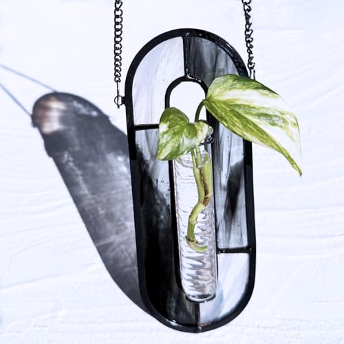 LITMIND Stained Glass Propagation Station - Handcrafted Translucent Suncatcher Planter with 2 Tubes, Hanging Hydroponic Décor for Windows & Garden - color: Style A04 (Ink Wash Gray)