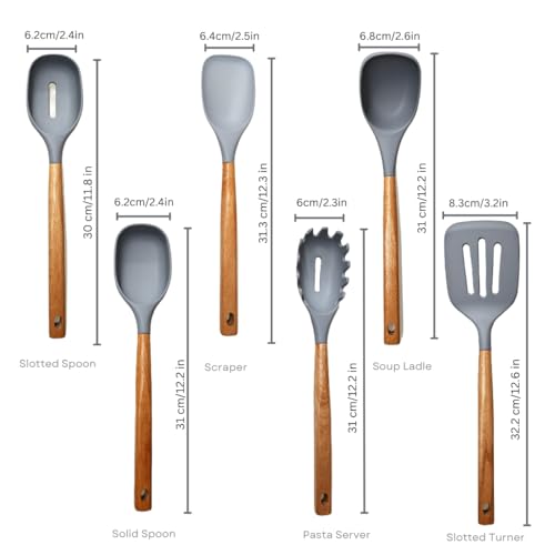 Premium Silicone Kitchen Utensil Set – 7-Piece Cooking Tools with Acacia Wood Handles and Bamboo Holder, Non-Stick, Heat Resistant, BPA-Free, Elegant Kitchen Gift (Grey -7pcs) - color: Gray