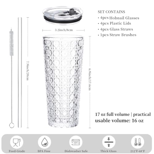 YUN TAO 16 oz Glass Cups with Lids and Straws, Set of 4 Clear Ribbed Glass Tumbler, Iced Coffee Cups with Lids Reusable