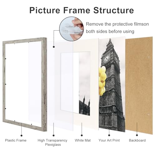 Picture Frames 11x14 Set of 6, Distressed Grey Photo Frame, Display Pictures 8x10 with Mat or 11x14 Without Mat, Washed Farmhouse Frame - color: Distressed Gray, size: 11x14