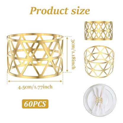 60 Pcs Gold Napkin Rings Bulk, Metal Napkin Holder Buckles, Exquisite Hollow Out Napkin Ring for Dinner Table Decoration Christmas Holiday Wedding Birthday Party Gathering