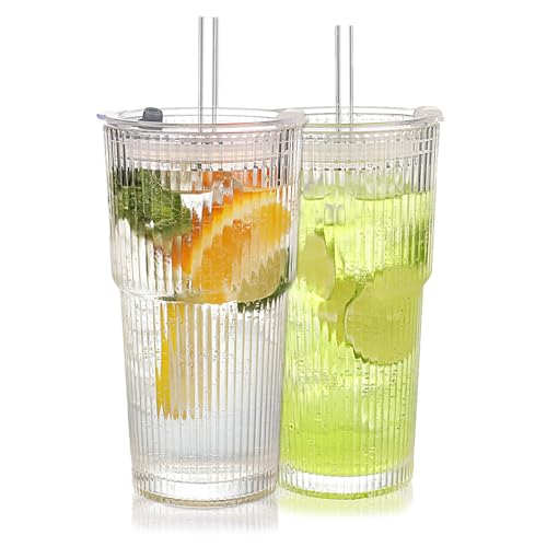 Set of 2 Ribbed Glass Tumbler with Lids and Straws, 20oz Vintage Clear Glass cups, Large capacity, Unbreakable, Fluted Design, Ideal for Travel, Iced Coffee,Smoothie, Tea, Latte, Gift - size: 2pc 20oz
