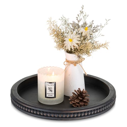Hanobe Round Decorative Tray with Beaded Edge, Distressed Dark Brown Finish | 11.8" vintage wooden tray for coffee table, ottoman, or counter display, holds candles. - color: Vintage Black