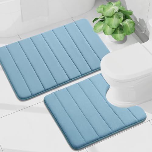 Buganda Memory Foam U-Shaped Toilet Rug Bath Mat Sets 2 Piece, 30x20+24x20 | Blue, Bathroom Mat and Contoured Toilet Rug, Machine Wash Dry, Soft Absorbent Bath Rug for Bathroom, Shower and Tub - color: Blue, size: 30" X 20"+24" X 20"