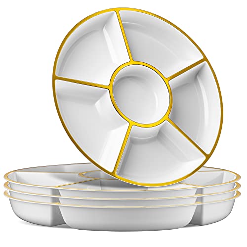Plasticpro 6 Sectional Round Plastic Serving Tray/Platter (4, White & Gold) - color: White & Gold