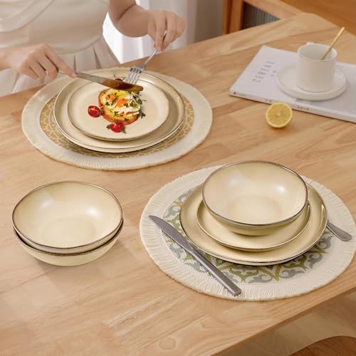Herogo Dinnerware Sets for 8, 24pcs Stoneware Dinner Dish Set, Irregular Handmade Plates and Bowls Dishware, Crack and Scratch Resistant, Microwave & Dishwasher Safe, Cream Khaki - color: Cream Khaki, size: 8 Set (24pcs)