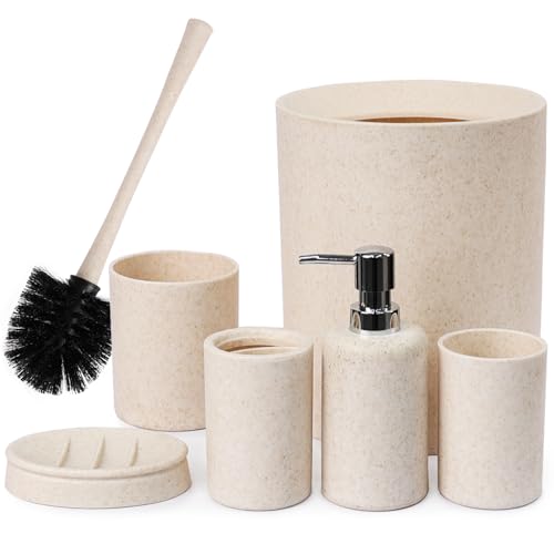 CERBIOR Bathroom Accessories Set 6 PCS Wheat Straw BathroomSet,Beige | Includes Soap Dispenser,Tooth Brush Holder,Toothbrush Cup, Soap Dish for Decorative Countertop and Housewarming Gift - style: beige