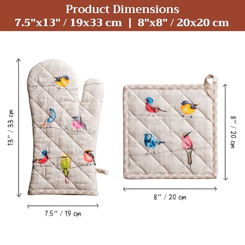 Maison d' Hermine 100% Cotton Oven Mitt & Pot Holder Set (7.5"x13" & 8"x8") | Heat Resistant BBQ Cooking Gloves with Loop Baking Grilling Kitchen Hotel Home Farmhouse Spring Summer - Birdies on Wire - color: 003 - Birdies on Wire, size: 7.5" x 13" & 8" x