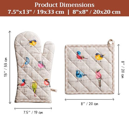 Maison d' Hermine 100% Cotton Oven Mitt & Pot Holder Set (7.5"x13" & 8"x8") | Heat Resistant BBQ Cooking Gloves with Loop Baking Grilling Kitchen Hotel Home Farmhouse Spring Summer - Birdies on Wire - color: 003 - Birdies on Wire, size: 7.5" x 13" & 8" x