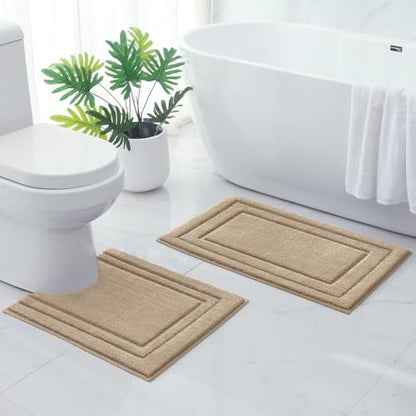 HOMEIDEAS Bathroom Rugs Sets 2 Piece, Super Soft and Absorbent Non Slip Microfiber U-Shaped Toilet Bath Mat Set (20"x32"+U20 x24, Khaki) - color: Khaki, size: 1'8" x 2'8" (20"x32"+U Shape 20"x24")