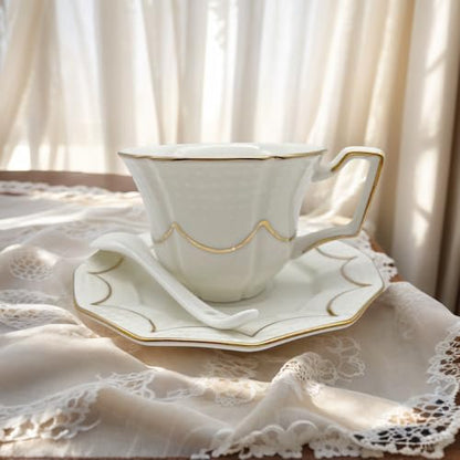 Tea Cup and Saucer Set for 1, Ceramic, White, 6.8 Oz | Coffee Cup with Saucer and Spoon, Elegant Design, 3D relief patterns, Gold Trim, Protective Packaging, Ideal for Gift - color: Modern