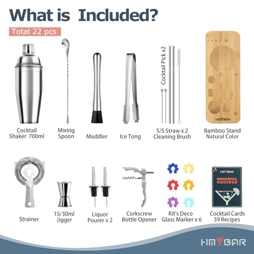 HMYBAR® 22-Piece Cocktail Shaker Set, Mixology Bartender Kit with 24oz Cobbler Shaker, Home Bar Tool Set with Natural Bamboo Stand, 39 Recipe Cards, Glass Markers, Gift for Men & Dad - color: Natural