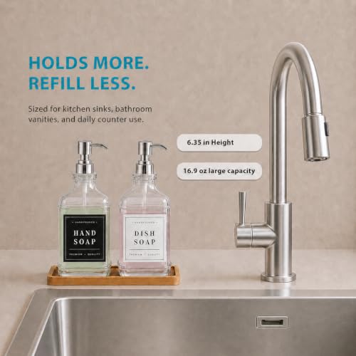 Clear Glass Soap Dispenser Set: Modunful 2 Pack 16.9oz Countertop Soap Dispenser with Bamboo Tray, Silicone Funnel & 60 Waterproof Stickers - for Kitchen Bathroom - color: Dm2647-silver