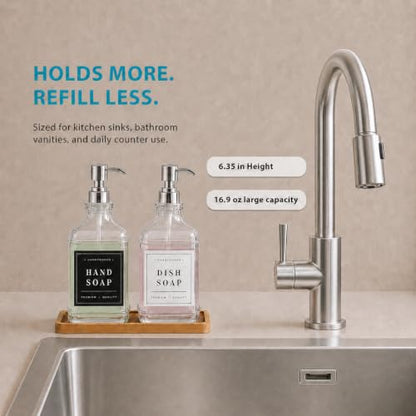 Clear Glass Soap Dispenser Set: Modunful 2 Pack 16.9oz Countertop Soap Dispenser with Bamboo Tray, Silicone Funnel & 60 Waterproof Stickers - for Kitchen Bathroom - color: Dm2647-silver