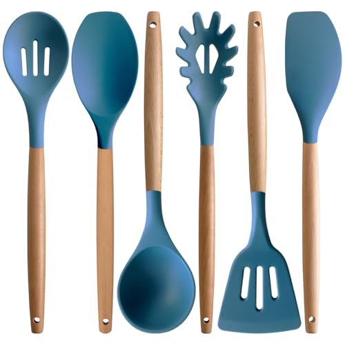 Silicone Cooking Utensils Set 6Pcs Heat Resistant Silicone Kitchen Utensils Set for Cooking Spatula Spoon Turner Ladle w Wooden Handle, BPA FREE Kitchen Gadgets for Nonstick Cookware & Baking - color: Blue, size: Standard 6-Piece Set