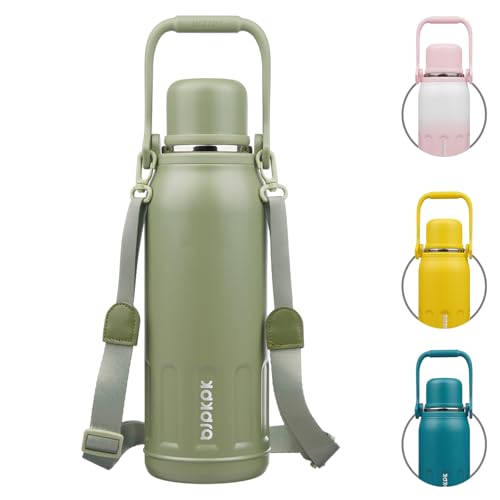 BJPKPK Stainless Steel Insulated Bottle with Handle & Strap, 50oz | Leak-proof vacuum insulation keeps drinks cold/hot for hours. BPA-free, dishwasher safe. Includes handle & strap. Army Green. - color: Army Green, size: 50 Ounces