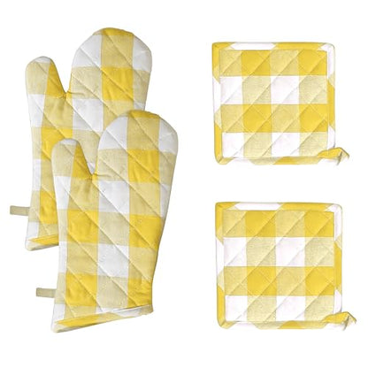 Native Fab Buffalo Plaid Check Oven Mitts and Pot Holders Set of 4, 100% Cotton Heat Resistant Kitchen Gloves, 2 Oven Mitts (7x13), 2 Pot Holders (8x8) for Cooking & Baking, Lemon Yellow White - color: Buffalo, Lemon Yellow