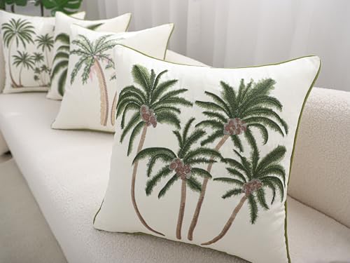 Embroidered Throw Pillow Covers 18x18 Pack of 2 Green Coconut Trees | Ocean-Themed,Durable Fabric,Square Pillow Cover,Boho Decorative,Hidden Zipper,Aesthetic Design,Ideal Gift,Machine Washable - color: Green Coconut Palm Trees