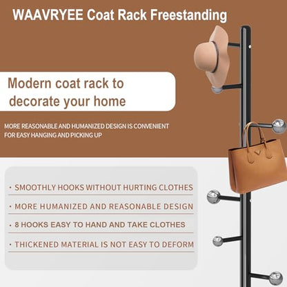 Coat Rack Stand, Black Metal Coat Rack Freestanding with 8 Hooks | Modern Coat Rack with Natural Marble Base,Modern Coat Hanger Stand, 3 Adjustable Coat Clothes Tree Stand for Office - color: Black-8 Ball Hooks