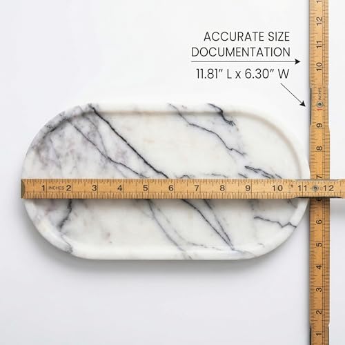 Natural Marble Vanity Tray for Bathroom Counter, Stone Catchall Tray for Perfume, Soap, Jewelry and Skincare, Bathroom Countertop Organizer for Vanity, Dresser or Kitchen Sink, 11.8 x 6.3 Inch